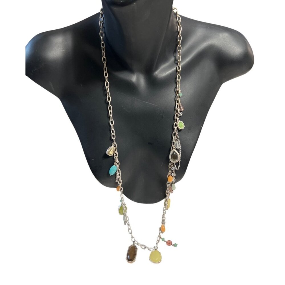 Lia Sophia Long Silver-Tone Necklace With Multicolor Gemstone Charms